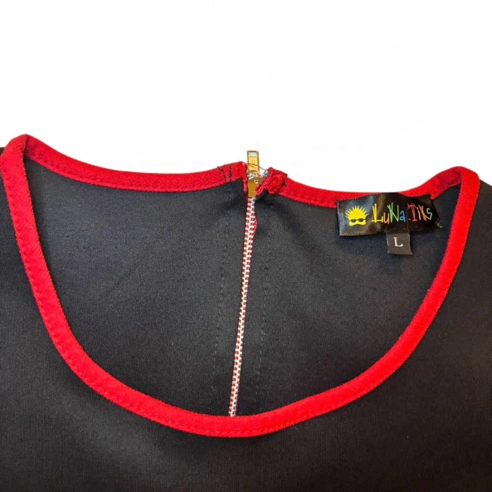 Vintage Luna Tiks Large Black Mini Dress with Red Accents Long Sleeves Classic - Picture 3 of 7